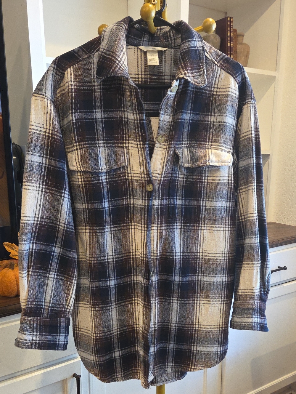 H&M Men's Plaid Button-Down Shirt Jacket in Brown and Cream